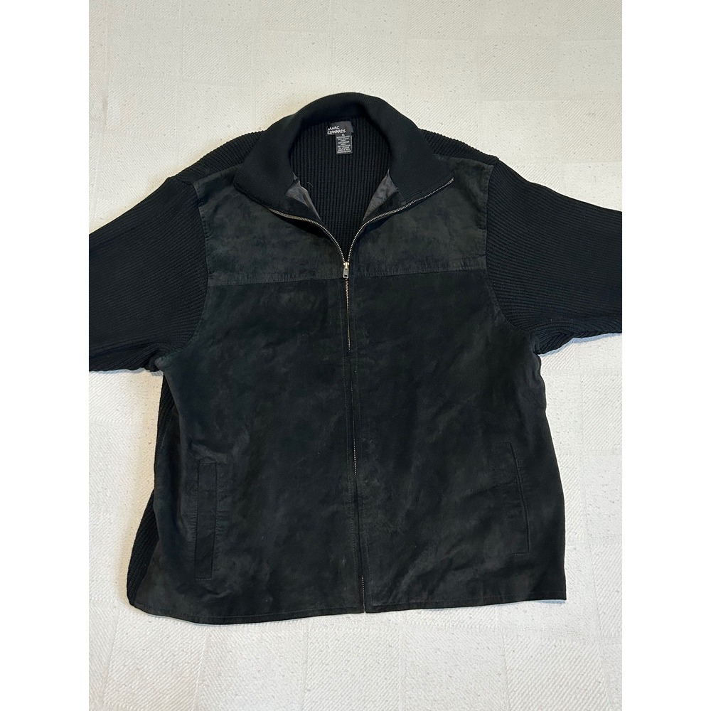 Marc Edwards Men XL Black Full Zip Suede Front Ribbed eclectic grandpa sweater